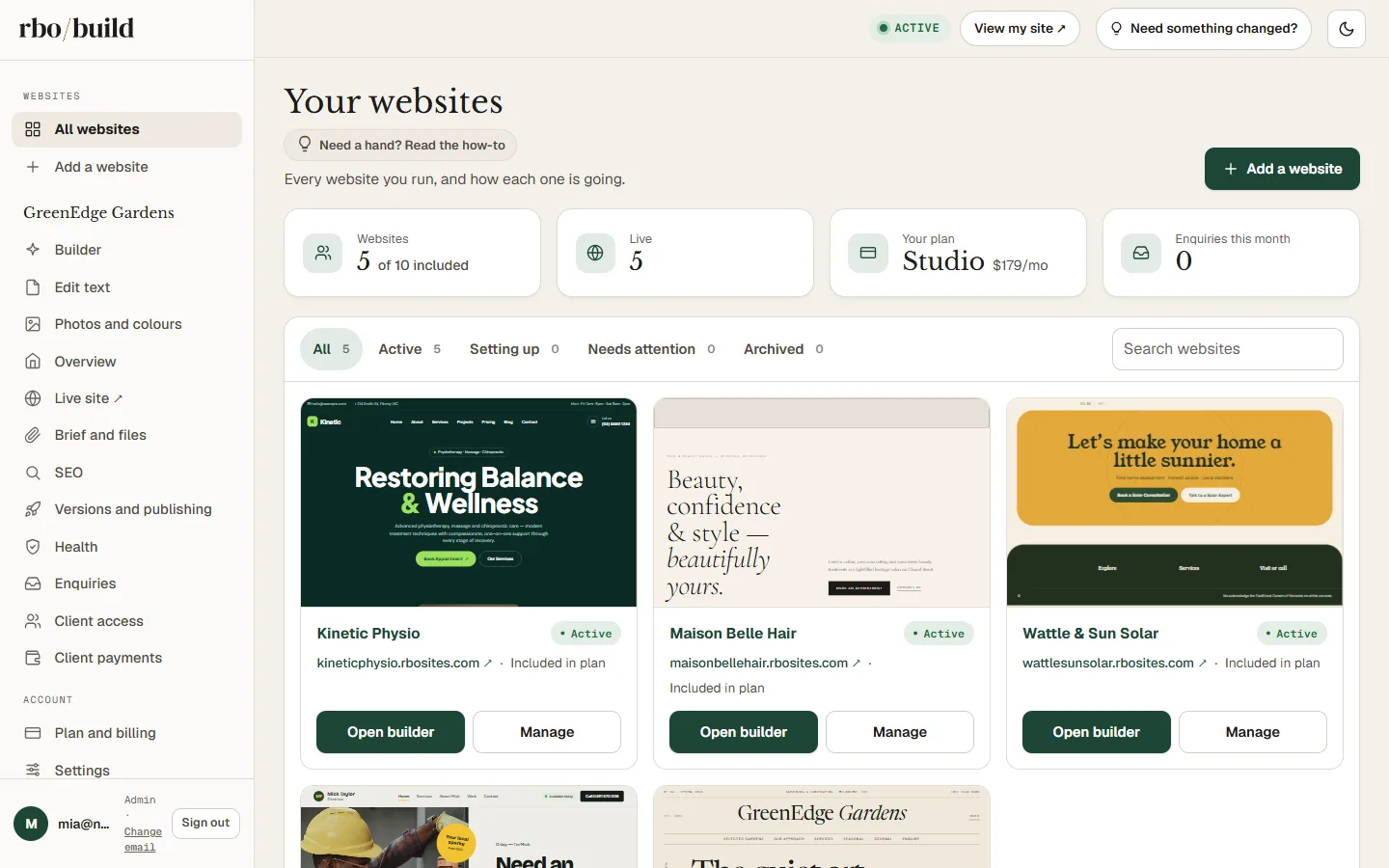 The RBO Build dashboard, showing five client websites, each with its own design